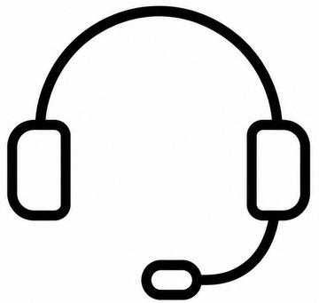 Black line drawing of a headset customer support on a white background
